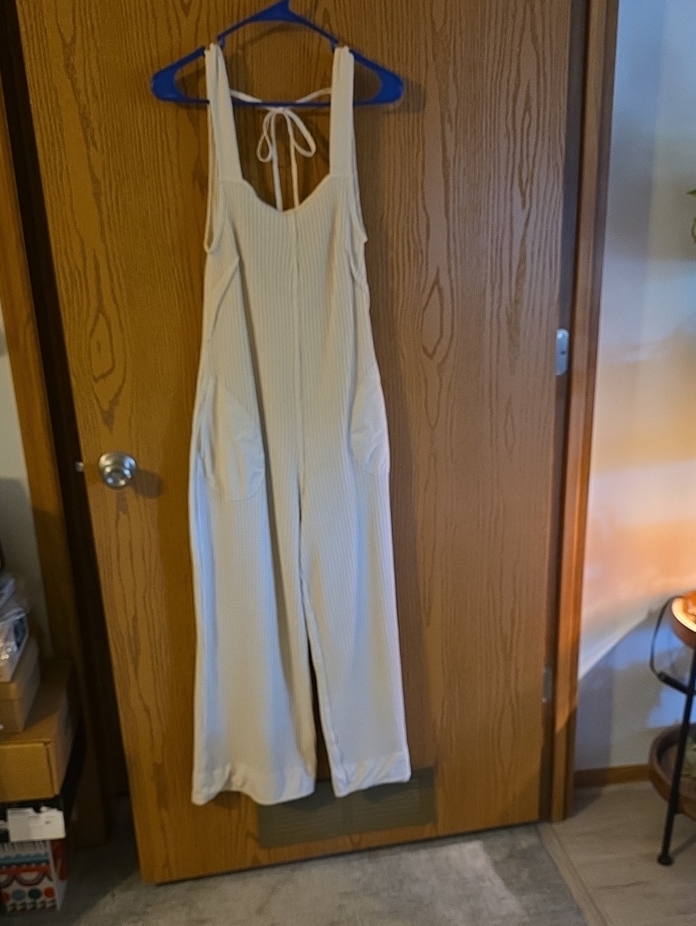 Zenana Women’s Cream Ribbed Wide-Leg Jumpsuit Ptp 15-17 I 26 Washed But Never Wo